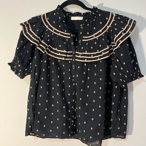 Ulla Johnson Black and Cream Ruffled Top